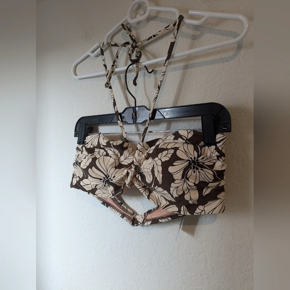 J. Crew Brown Floral Cut-Out Halter Bikini Top Boho Bohemian Coastal Beachy